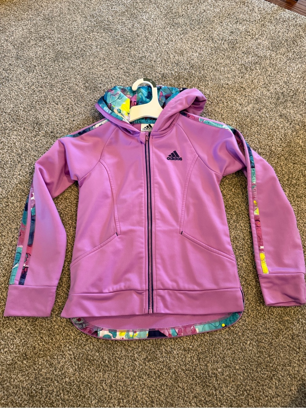 ADIDAS Girls' Lavender Hooded Swim Rashguard with Colorful Trim